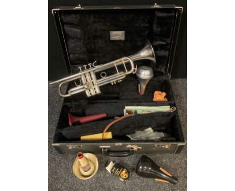 A Vincent Bach Stradivarius model 37 silver plated Trumpet, by Elkhart Industries, USA, assorted mutes etc, cased 