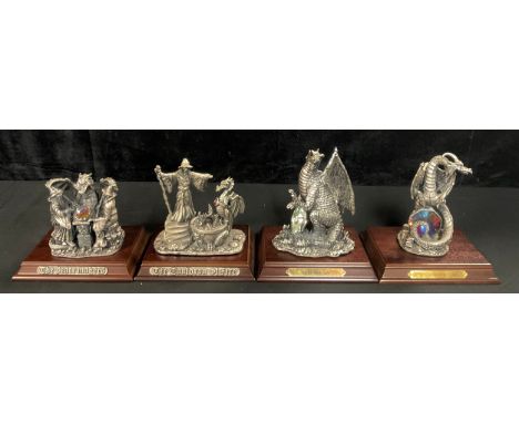A Tudor Mint Myth and Magic pewter dragon model, The Crystal Dragon, 15cm, wooden stand, boxed; others, The Guardian of the C