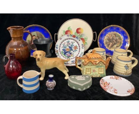 A TG Green Cornish Ware milk jug; a Staffordshire cottage teapot; a Wedgwood Jasperware heart shaped trinket pot and cover; a