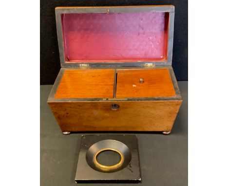 A Victorian mahogany sarcophagus tea caddy;  ebonised miniature frame. 