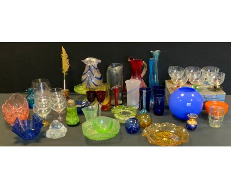 Art Glass - Coloured glass including Victorian uranium glass cake stand and bon bon dish, others; a set of six Whitefriars et