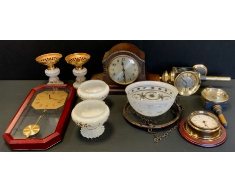 Clocks - 1940s mantel clock, novelty wall clock as carriage lantern, others; milk glass oil lamp shade 