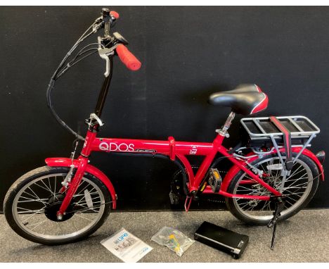 An E-Life Electric Power-Assisted foldable bike, QDOS Infusion model, in red, with tool kit, manual. 