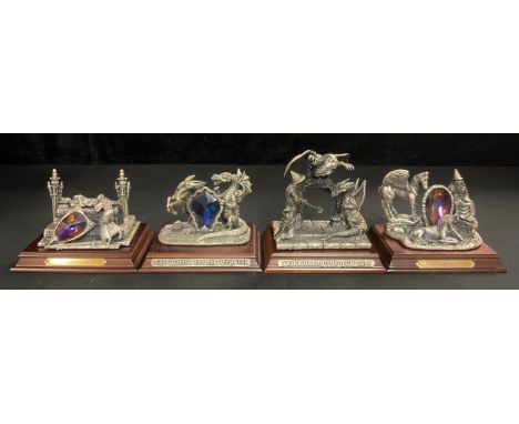 A Tudor Mint Myth and Magic pewter unicorn and wizard model, A Tranquil Moment, 10.5cm, wooden stand, boxed; others, Le Morte
