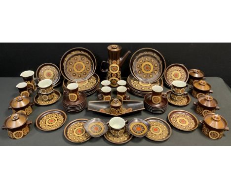 A Denby Arabesque pattern dinner and tea service - 12 dinner plates, tea plates, six lidded soup bowls, six tea cups with sau