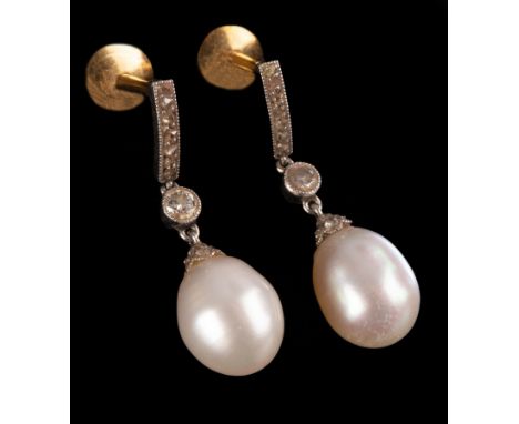 A pair of diamond and pearl drop earrings, the pear shaped pearls suspended beneath a circular diamond and row of rose diamon