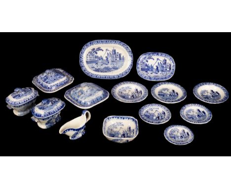 A child's early 19th Century blue and white pearlware dinner service, Boy with a Kite pattern, comprising three 9cm bowls, tw