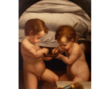 After Correggio/Cupid with Friend Sharpening his Arrow (fragment of an 18th Century copy Danae)/oil on canvas, 63cm x 52cm CO
