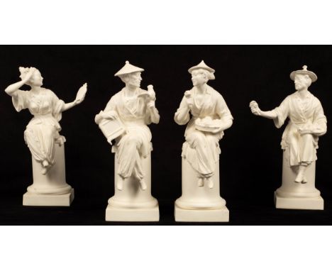 Four Royal Worcester bisque chinoiserie figures modelled by A Azori, Le Panier, La Fleur, L'oiseau, Le Miroir, 29cm high COND