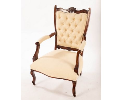 An Edwardian button back open armchair with upholstered back, arms and seat/Provenance: Tidenham Manor CONDITION REPORT: Cond