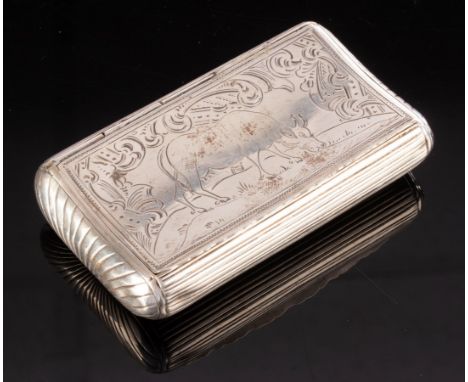 An early 19th Century Dutch silver rectangular snuff box with ribbed case, the hinged cover engraved a cow, 19cm wide, approx