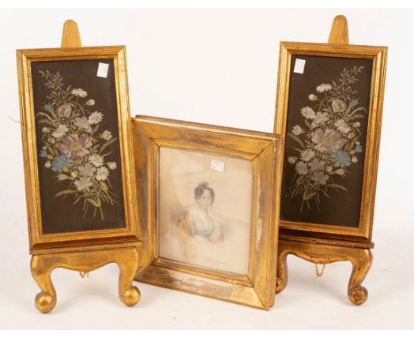 A pair of silk work floral pictures, 28cm x 13.5cm with easel stands, a porcelain button, mounted, framed and glazed and a qu