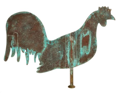 A cockerel copper weather vane, 59cm high CONDITION REPORT: The tail of the cockerel is patched, fairly primitive restoration