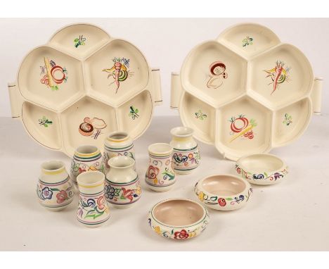 Poole Pottery, two six-section hors d'oeuvres dishes, seven small floral vases, the tallest 9cm high and three small shallow 