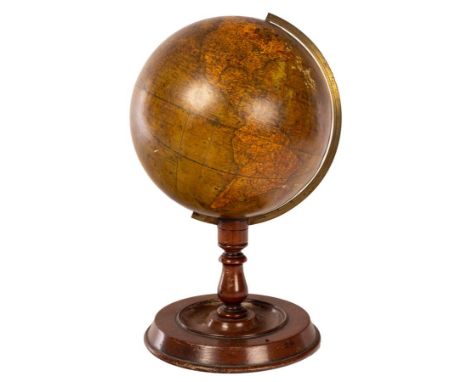 An early Victorian Crutchley's new terrestrial globe with brass meridian scale, on a turned wood base, 38cm high/see illustra