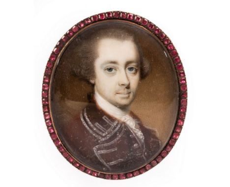 English School, mid 18th Century/Portrait Miniature of a Gentleman/bust length, wearing a red coat/oval/oil on ivory, 3.5cm x