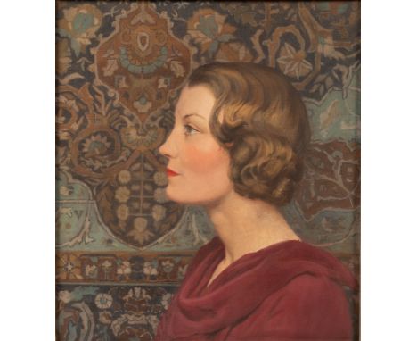 English School, 20th Century/Portrait of a Woman/wearing a purple dress against a papered wall/oil on canvas, 50cm x 45cm CON