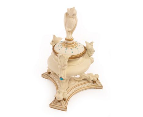 A Royal Worcester biscuit porcelain inkwell with owl finial to the cover, 18.5cm high CONDITION REPORT: On inspection the ink