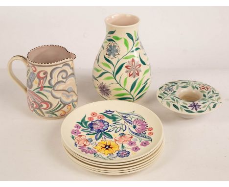 Poole Pottery, a floral baluster vase, 25cm high, a matching posy dish, 18.5cm diameter, a floral jug, 17.5cm high, with inci