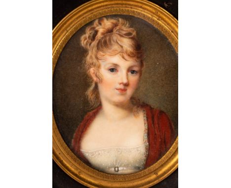 English School, mid 19th Century/Portrait Miniature of a Girl/bust length, wearing a white lace and red dress/oval/oil on ivo