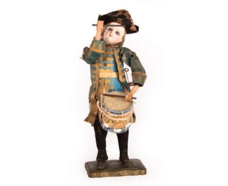 A French 19th Century Jumeau automaton of a drummer in a blue uniform, 27cm long/see illustration CONDITION REPORT: This doll