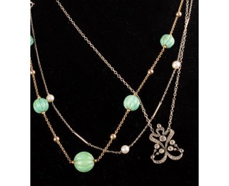 A paste set openwork pendant on a fine silver neck chain, a 9ct yellow gold necklace interspersed by five reeded jade beads a