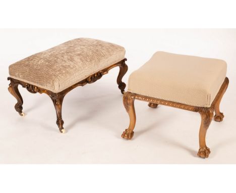 A Victorian walnut framed stool on white ceramic castors, 74cm x 45cm and a further smaller example with claw and ball feet C