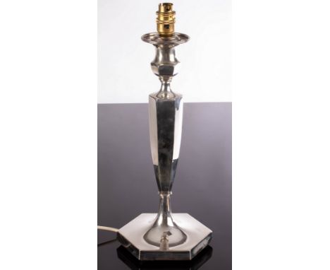 A silver candlestick, Sheffield 1911, converted as a table lamp with pleated shade, the candlestick 36.5cm high CONDITION REP