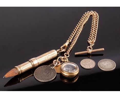 An unhallmarked yellow metal watch chain, with T bar, hung with an unmarked yellow metal propelling pencil, an 18ct gold case