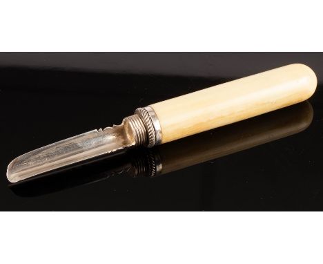 A George III silver and ivory apple corer, IT, Birmingham 1801, the silver blade screwing into the ivory handle, 12cm long, a