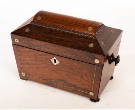 A George III rosewood tea caddy, 20cm wide CONDITION REPORT: Brass inlay very dull and lifting in places, cover loose on hing