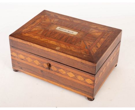 A 19th Century rosewood and parquetry workbox, the hinged cover with mother-of-pearl plaque inscribed 'Isabella Knott', 25.5c