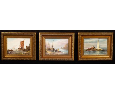Three Royal Worcester painted porcelain wall plaques, two depicting fishing boats signed M Powell and another depicting a lig
