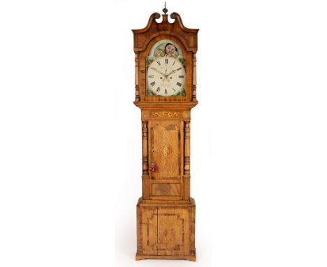 An oak eight-day longcase clock, the inlaid case with swan neck to the hood fitted a painted dial signed M Worcester Wednesbu