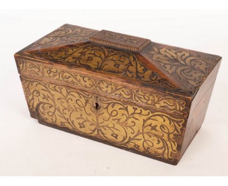 A Regency rosewood sarcophagus-shaped tea caddy, inlaid brass foliate decoration, 33cm wide CONDITION REPORT: Condition infor