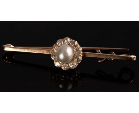 A pearl and diamond bar brooch, by Cropp & Farr, the central cluster to a 9ct gold bar, 4.5cm wide, approximately 2.9g CONDIT