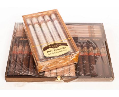 A box of twenty-five Churchill Dinner Time cigars and a sealed, unopened box of 10 Backgammon Coronas Especiales Turbos cigar