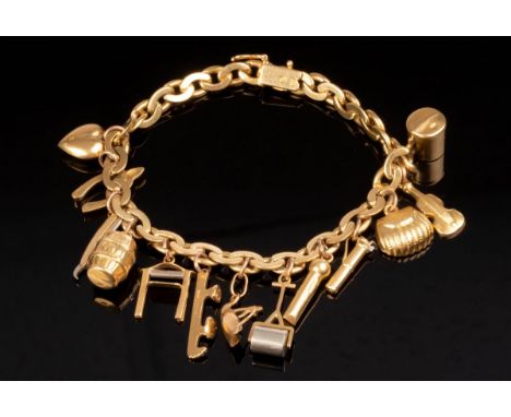 An 18ct yellow gold charm bracelet, the curb link bracelet suspending various charms to include a heart, barrel, roller and v