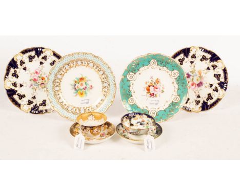 Four English porcelain flower painted plates, including a pair by Alcock, a Coalport and a Davenport example, a cup and sauce