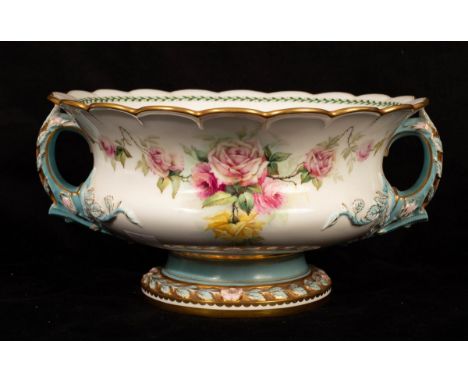 A Royal Worcester twin-handled rose bowl with painted flowers, the handles moulded with leafy stems, Rd No 442804, 27cm acros