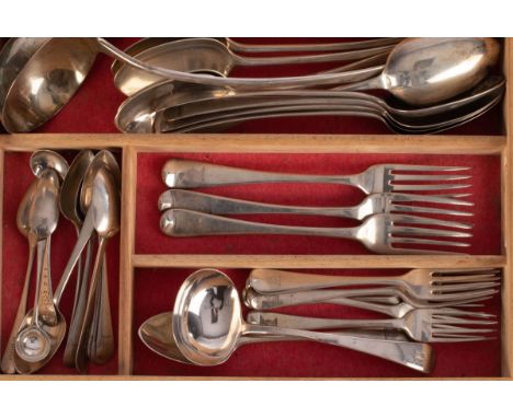 A quantity of Old English pattern silver flatware, various dates and makers, with crest of Milburn comprising, a soup ladle, 
