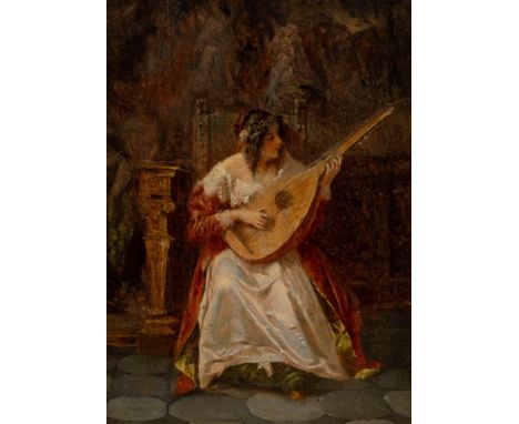 English School, early 19th Century/Seated Lady Playing a Lute/oil on board, 14cm x 10cm CONDITION REPORT: Condition informati