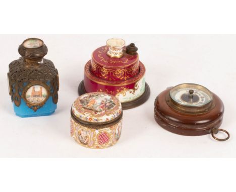 A Ratcliffe's Patent porcelain lamp of circular stepped form with gilded decoration, 8cm high, a Capodimonte circular box emb