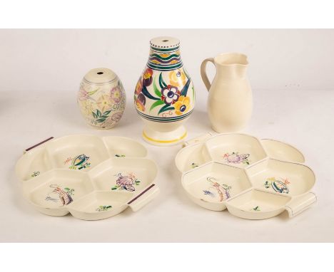 Poole Pottery, two six-section hors d'oeuvres dishes, 34.5cm wide, two pottery lamp bases, the largest 24cm high and a plain 
