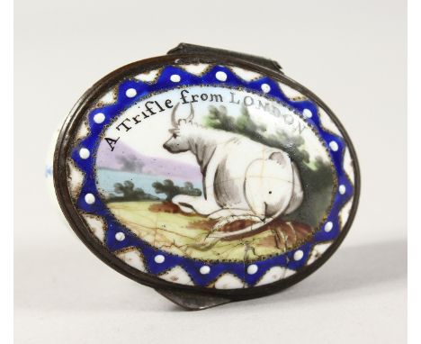 A BATTERSEA ENAMEL PATCH BOX, the top with a cow "A Trifle from London". 1.75ins.