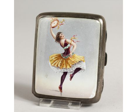 A VICTORIAN PLAIN SILVER CIGARETTE CASE, the top with an enamel of a girl dancing. London 1888.