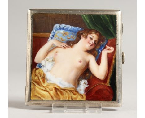 A CONTINENTAL .900 SILVER SQUARE SHAPED CIGARETTE CASE, the top with an enamel of a half-length nude.