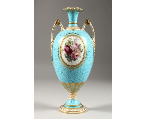 A CROWN DERBY TWO-HANDLED VASE, painted with reverse panels of flowers by R. HAGUE. 11.5ins high.