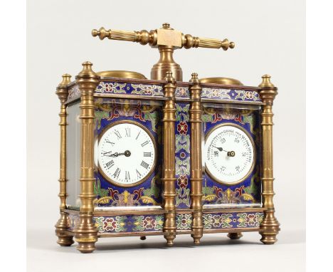 A CLOISONNE DOUBLE MINI CARRIAGE CLOCK. 5ins high.