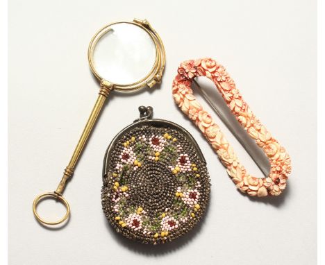 A BEAD WORK PURSE, LORGNETTE and CARVED IVORY BROOCH (3).